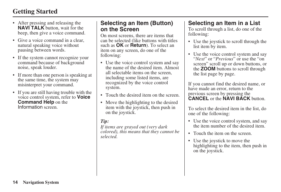 Getting started | HONDA 2008 Ridgeline 31SJC8100 User Manual | Page 15 / 136