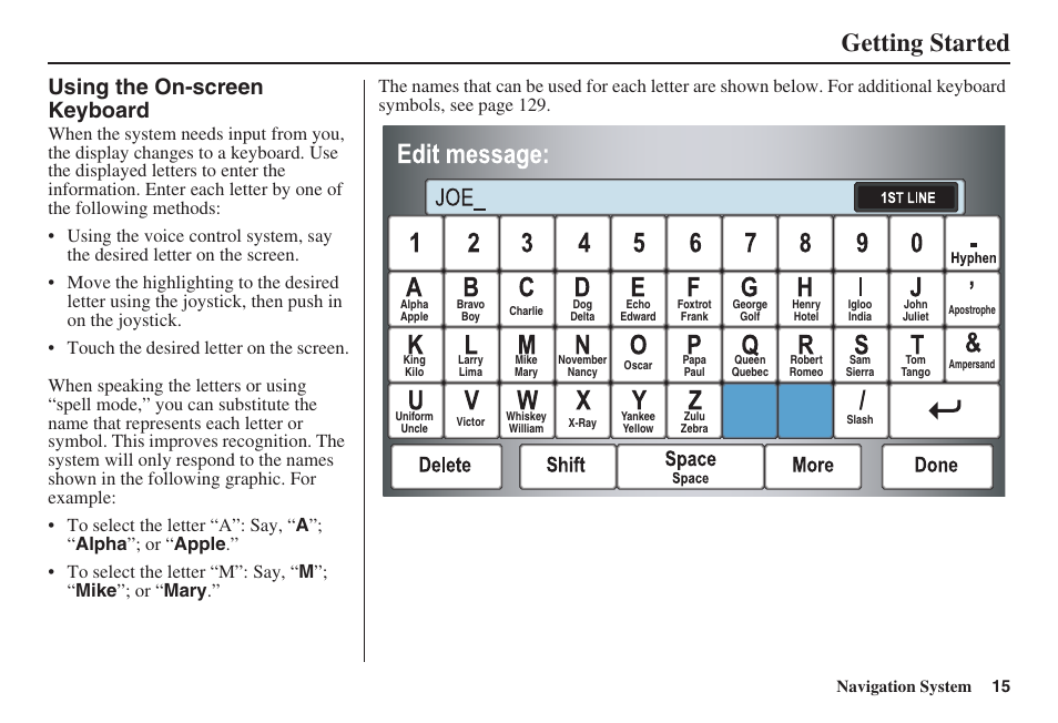 Getting started, Using the on-screen keyboard | HONDA 2008 Ridgeline 31SJC8100 User Manual | Page 16 / 136