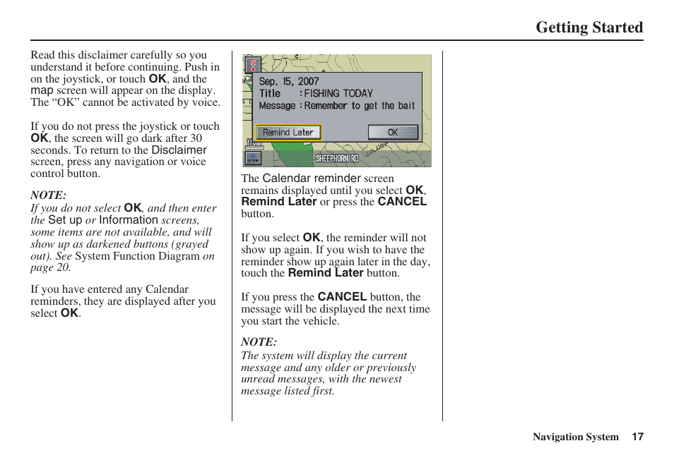 Getting started | HONDA 2008 Ridgeline 31SJC8100 User Manual | Page 18 / 136