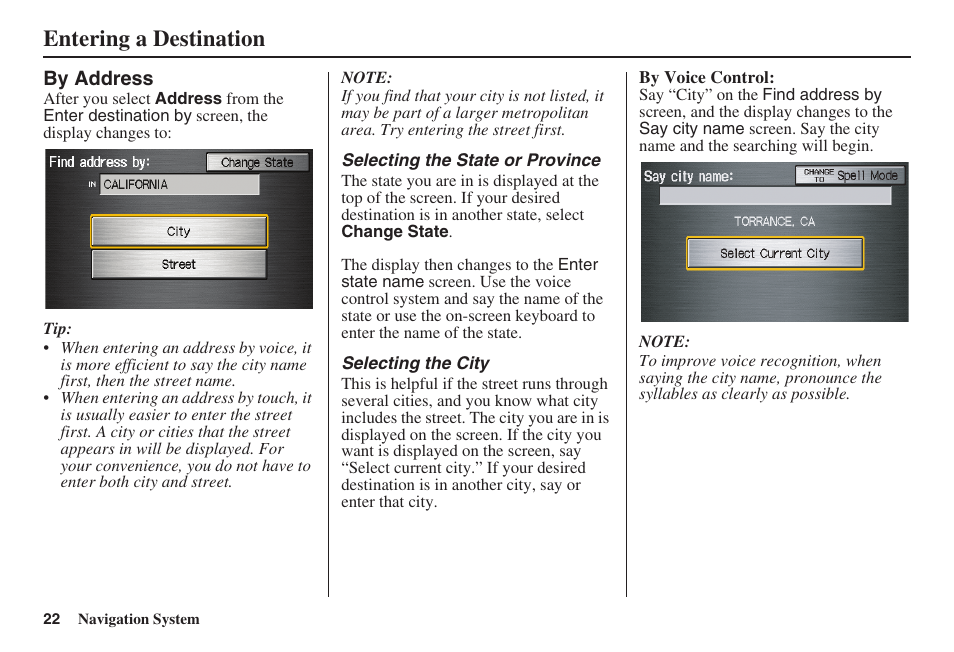 Entering a destination | HONDA 2008 Ridgeline 31SJC8100 User Manual | Page 23 / 136