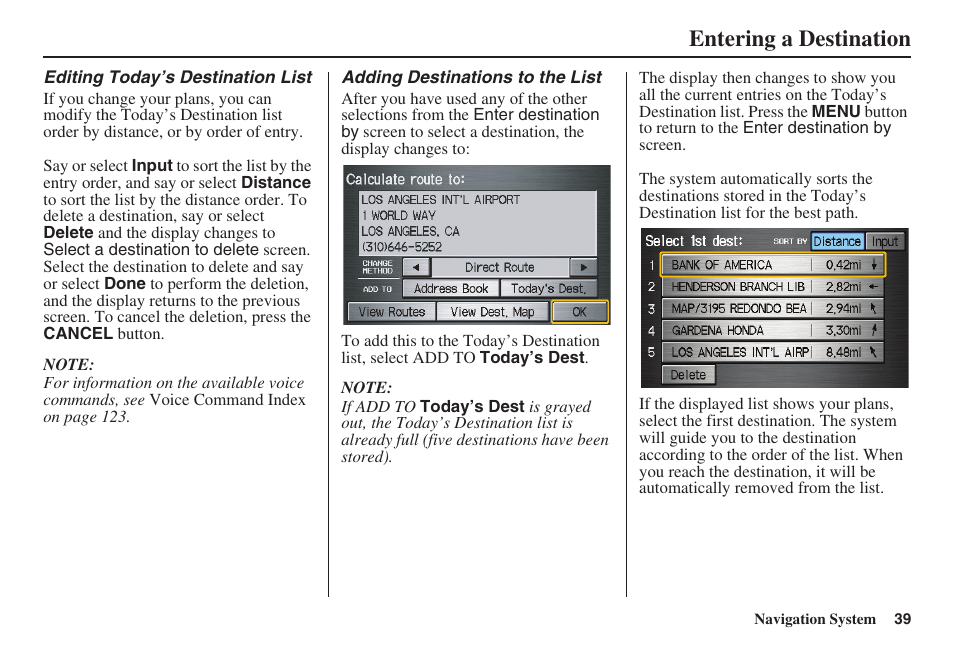 Entering a destination | HONDA 2008 Ridgeline 31SJC8100 User Manual | Page 40 / 136