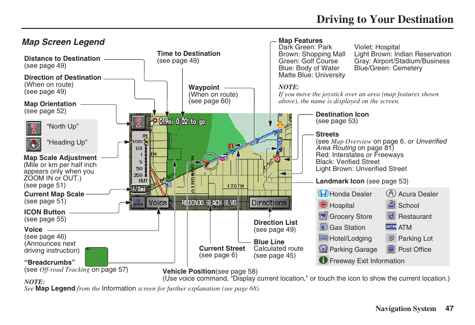 Driving to your destination, Map screen legend | HONDA 2008 Ridgeline 31SJC8100 User Manual | Page 48 / 136