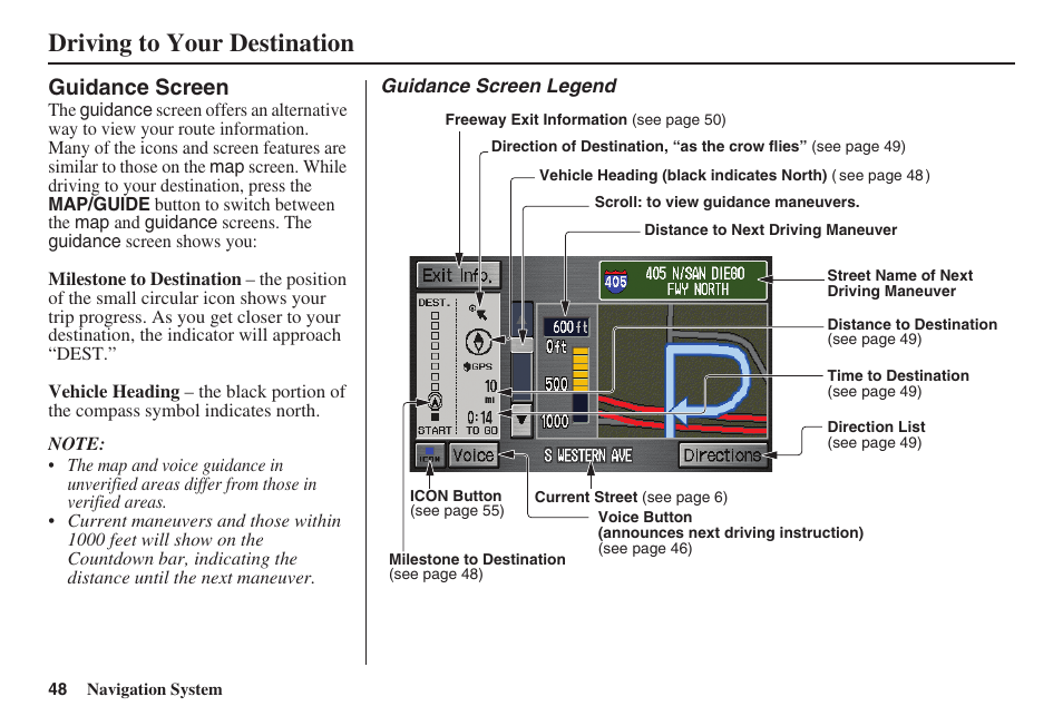 Driving to your destination, Guidance screen | HONDA 2008 Ridgeline 31SJC8100 User Manual | Page 49 / 136