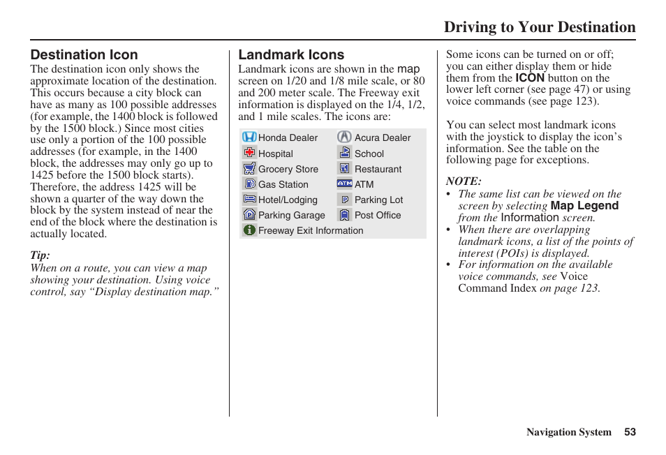 Driving to your destination, Destination icon, Landmark icons | HONDA 2008 Ridgeline 31SJC8100 User Manual | Page 54 / 136