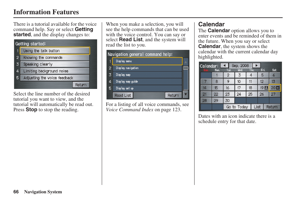 Information features | HONDA 2008 Ridgeline 31SJC8100 User Manual | Page 67 / 136