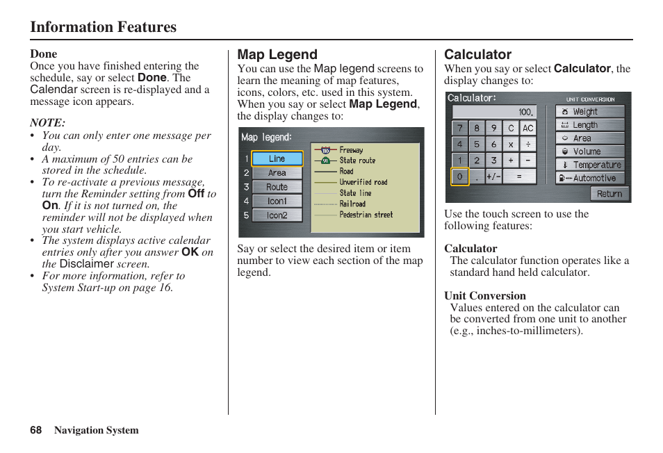 Information features | HONDA 2008 Ridgeline 31SJC8100 User Manual | Page 69 / 136