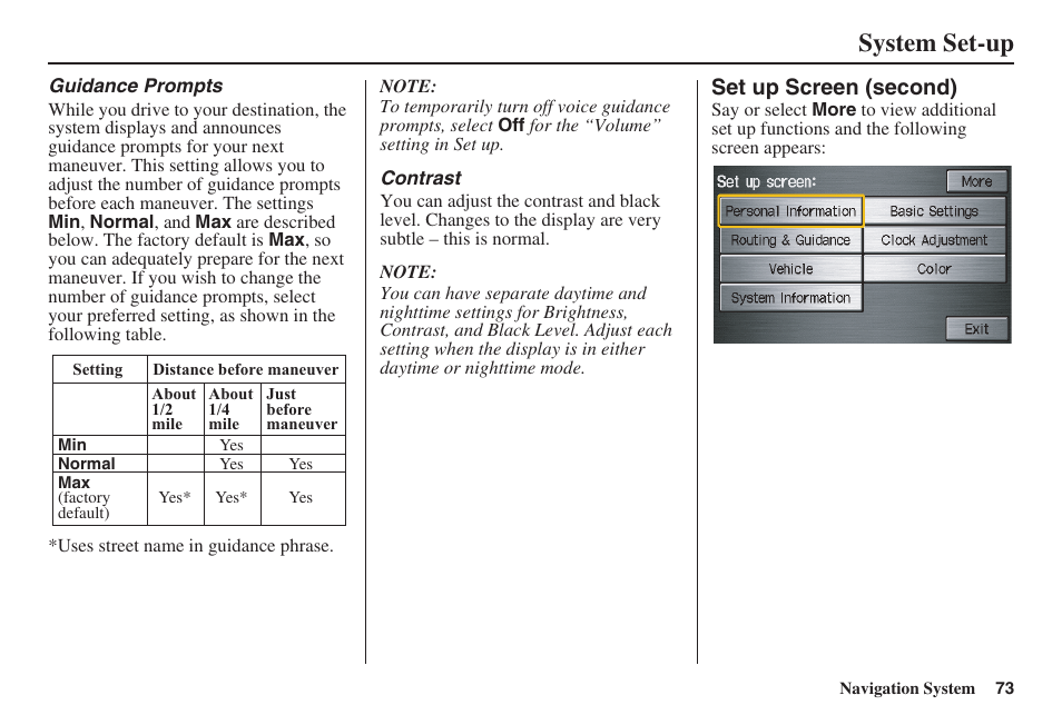 System set-up, Set up screen (second) | HONDA 2008 Ridgeline 31SJC8100 User Manual | Page 74 / 136