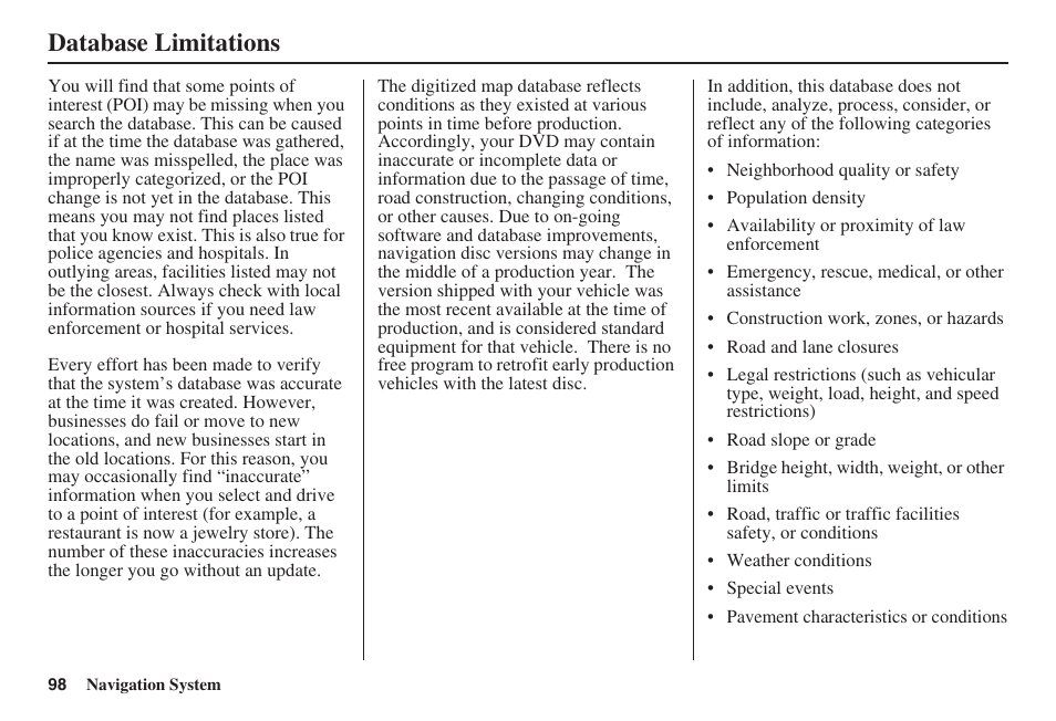 Database limitations | HONDA 2008 Ridgeline 31SJC8100 User Manual | Page 99 / 136