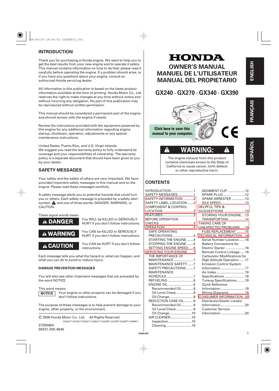 HONDA GX340 User Manual | 60 pages