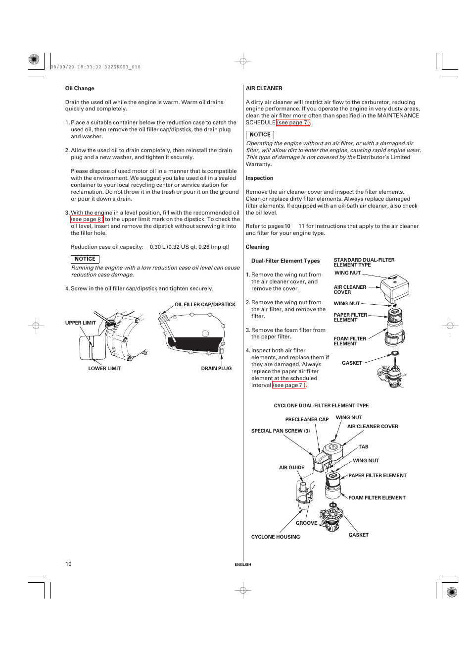 Oil change, Air cleaner, Inspection | Cleaning | HONDA GX340 User Manual | Page 10 / 60