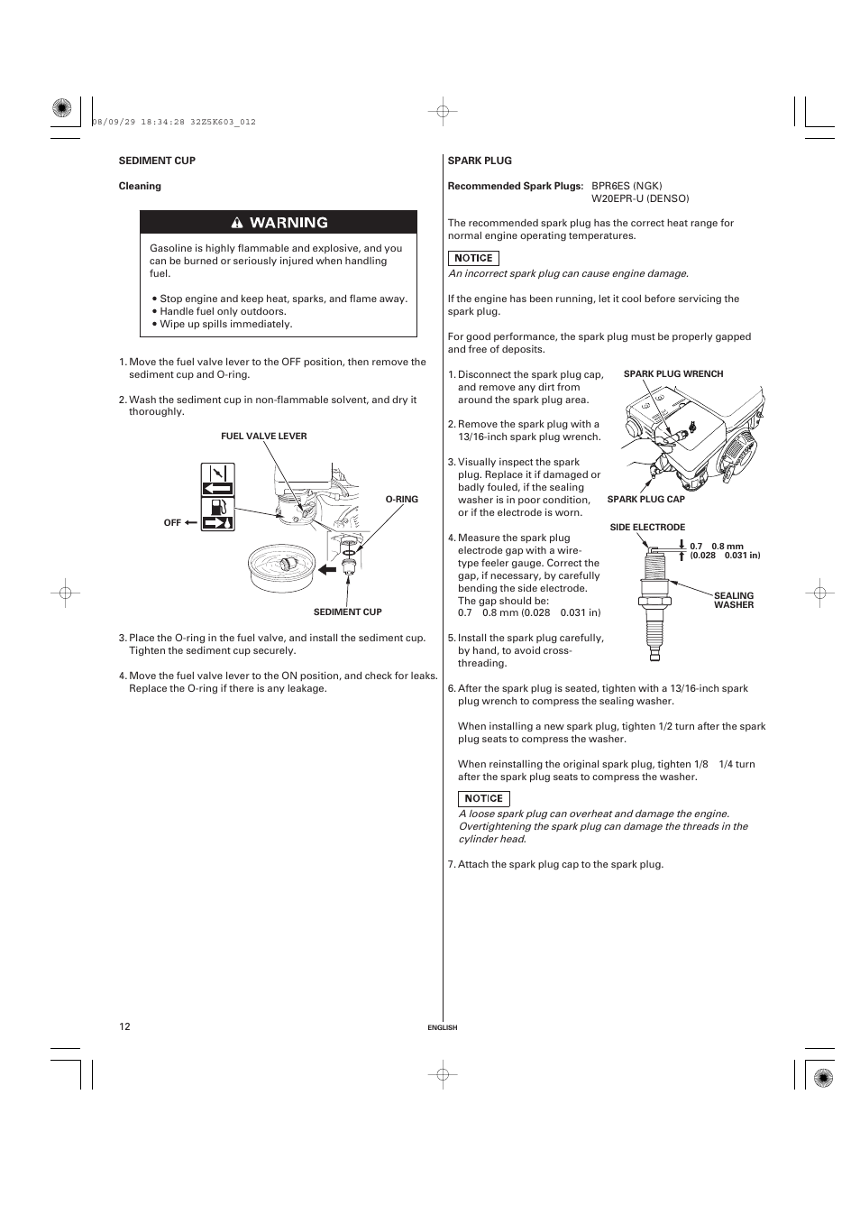 Sediment cup, Cleaning, Spark plug | HONDA GX340 User Manual | Page 12 / 60