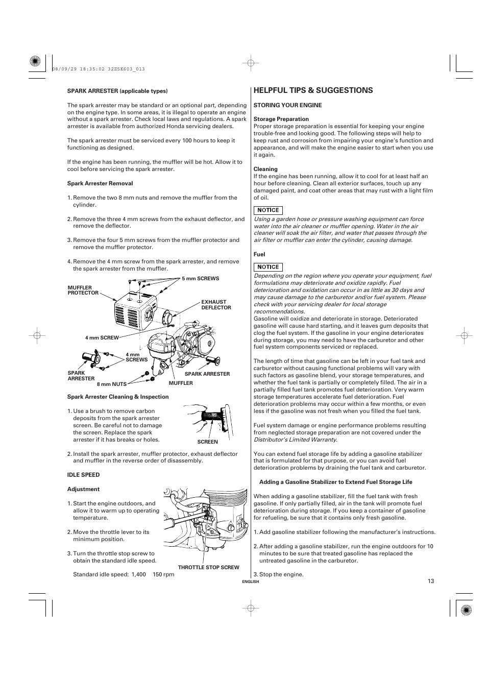 Spark arrester (applicable types), Idle speed, Helpful tips & suggestions | Storing your engine, Storage preparation, Cleaning, Fuel, Helpful tips, Suggestions | HONDA GX340 User Manual | Page 13 / 60