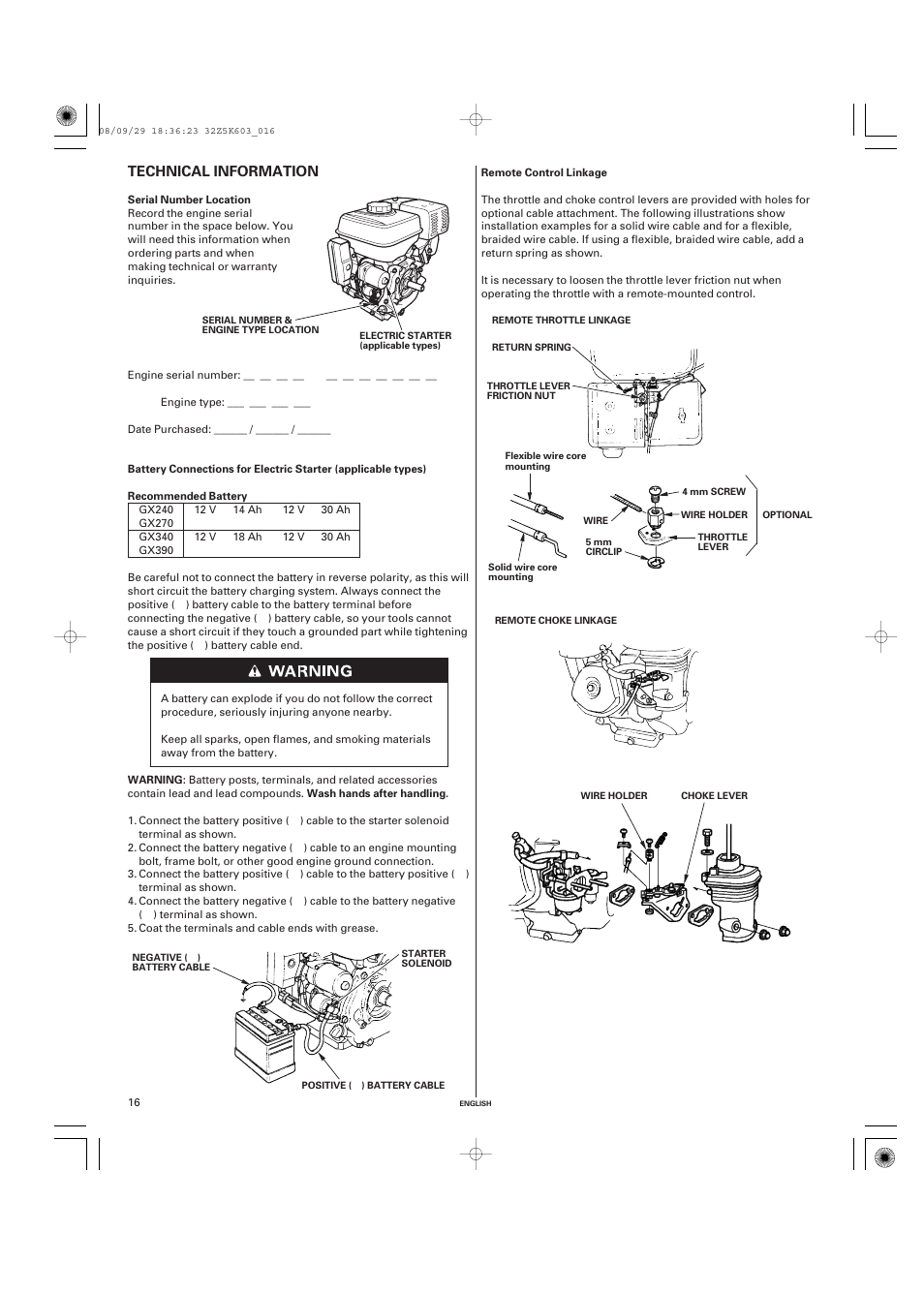 Technical information, Serial number location, Remote control linkage | Technical information .16 | HONDA GX340 User Manual | Page 16 / 60