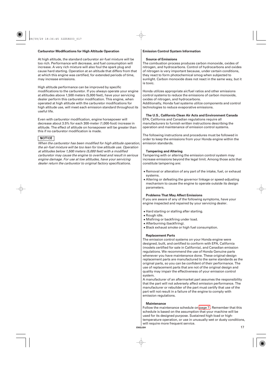 Emission control system information | HONDA GX340 User Manual | Page 17 / 60