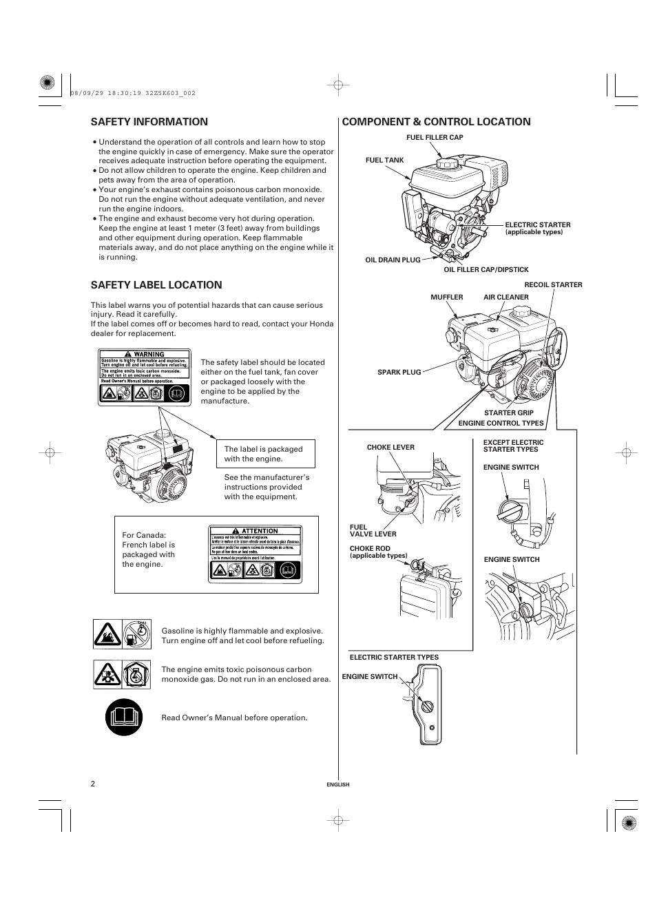 Safety information, Safety label location, Component & control location | Component & control, Location | HONDA GX340 User Manual | Page 2 / 60