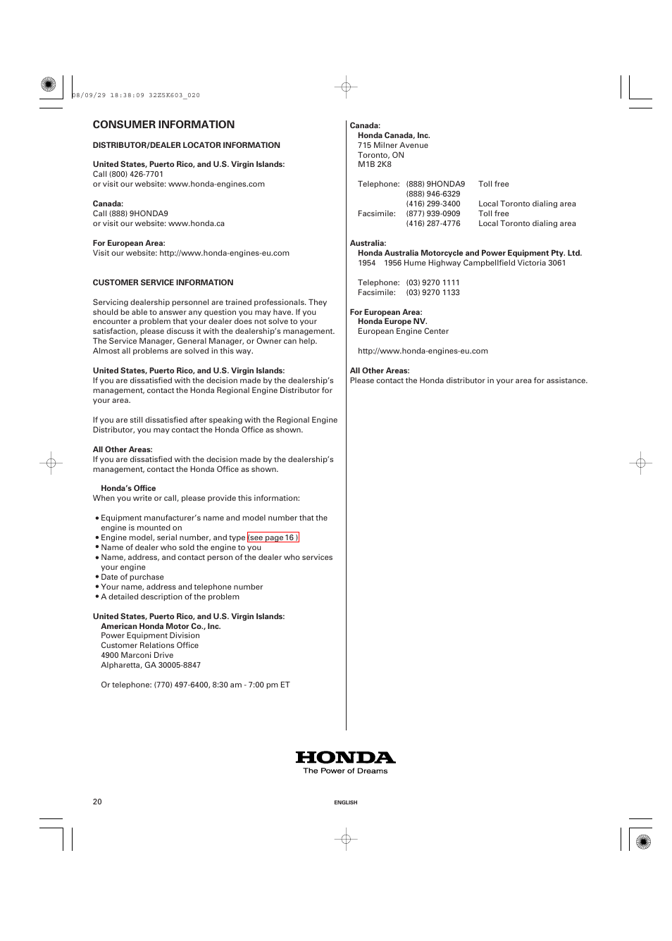 Consumer information, Distributor/dealer locator information, Customer service information | Consumer information .20 | HONDA GX340 User Manual | Page 20 / 60