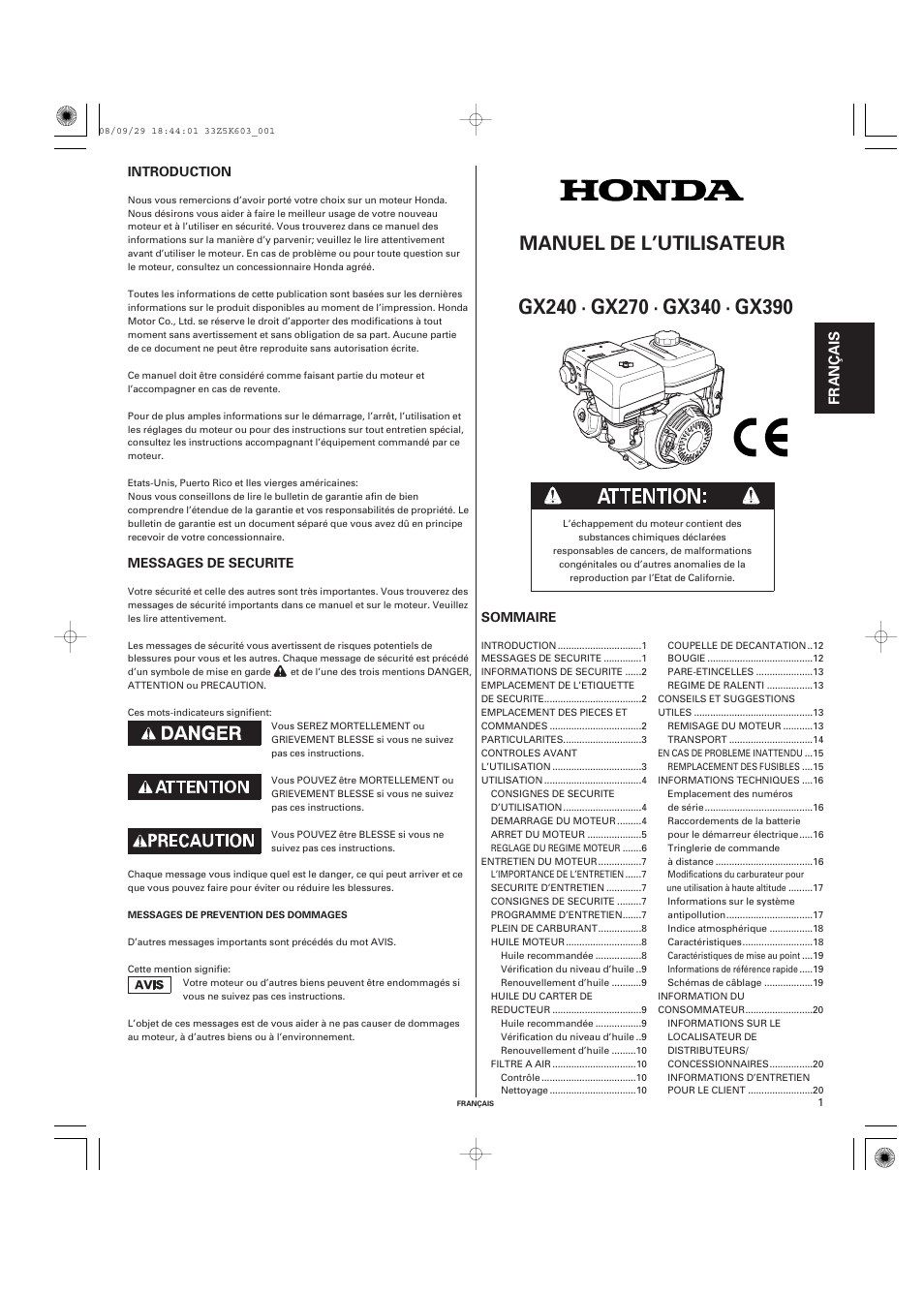 Français, Manuel de l’utilisateur, Fr anç a is | HONDA GX340 User Manual | Page 21 / 60