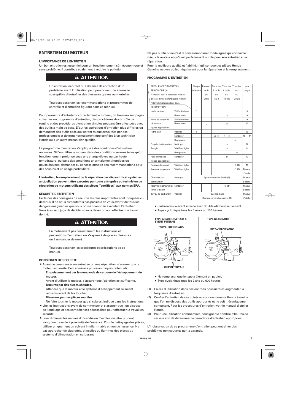 Entretien du moteur | HONDA GX340 User Manual | Page 27 / 60