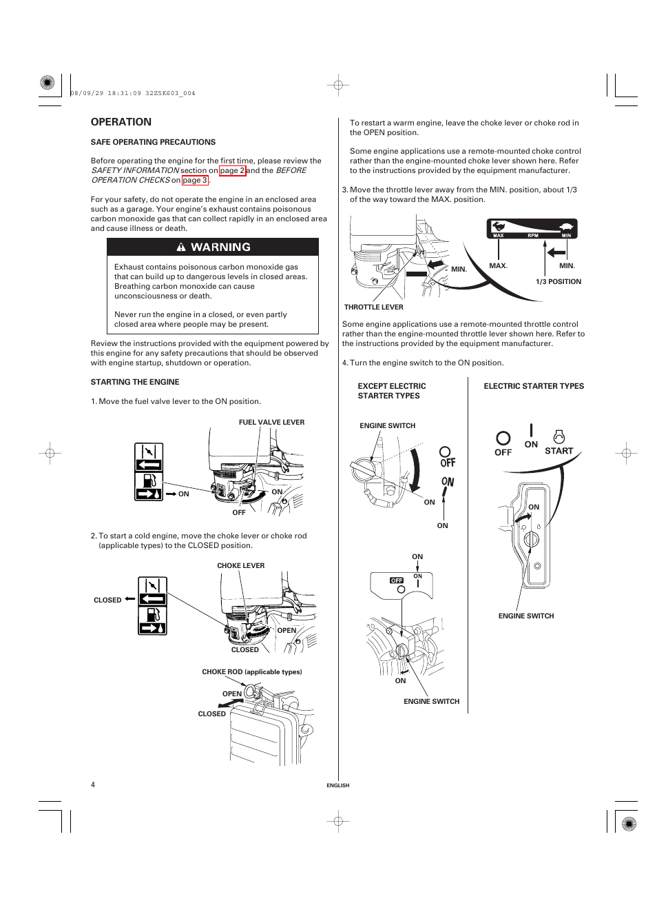 Operation, Safe operating precautions, Starting the engine | HONDA GX340 User Manual | Page 4 / 60