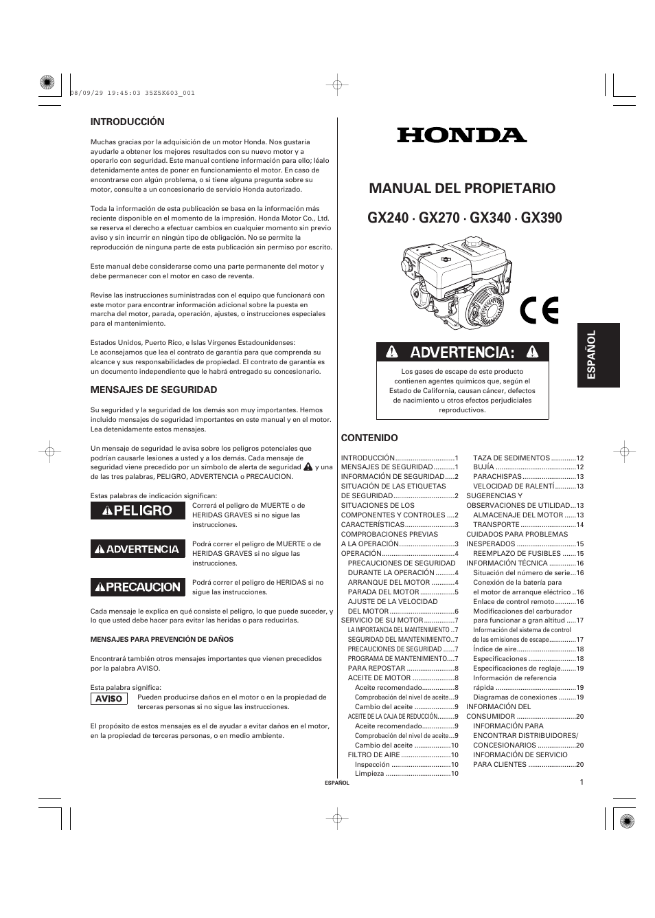 Español, Manual del propietario | HONDA GX340 User Manual | Page 41 / 60