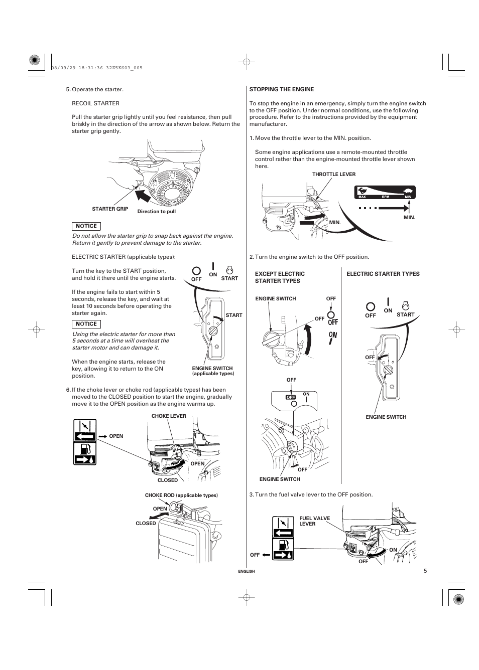 Stopping the engine | HONDA GX340 User Manual | Page 5 / 60