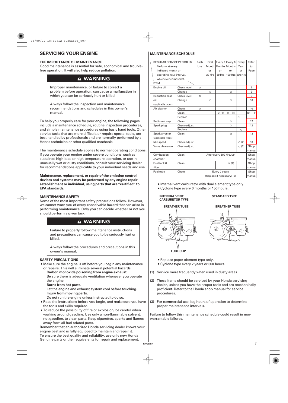 Servicing your engine, The importance of maintenance, Maintenance safety | Maintenance schedule | HONDA GX340 User Manual | Page 7 / 60