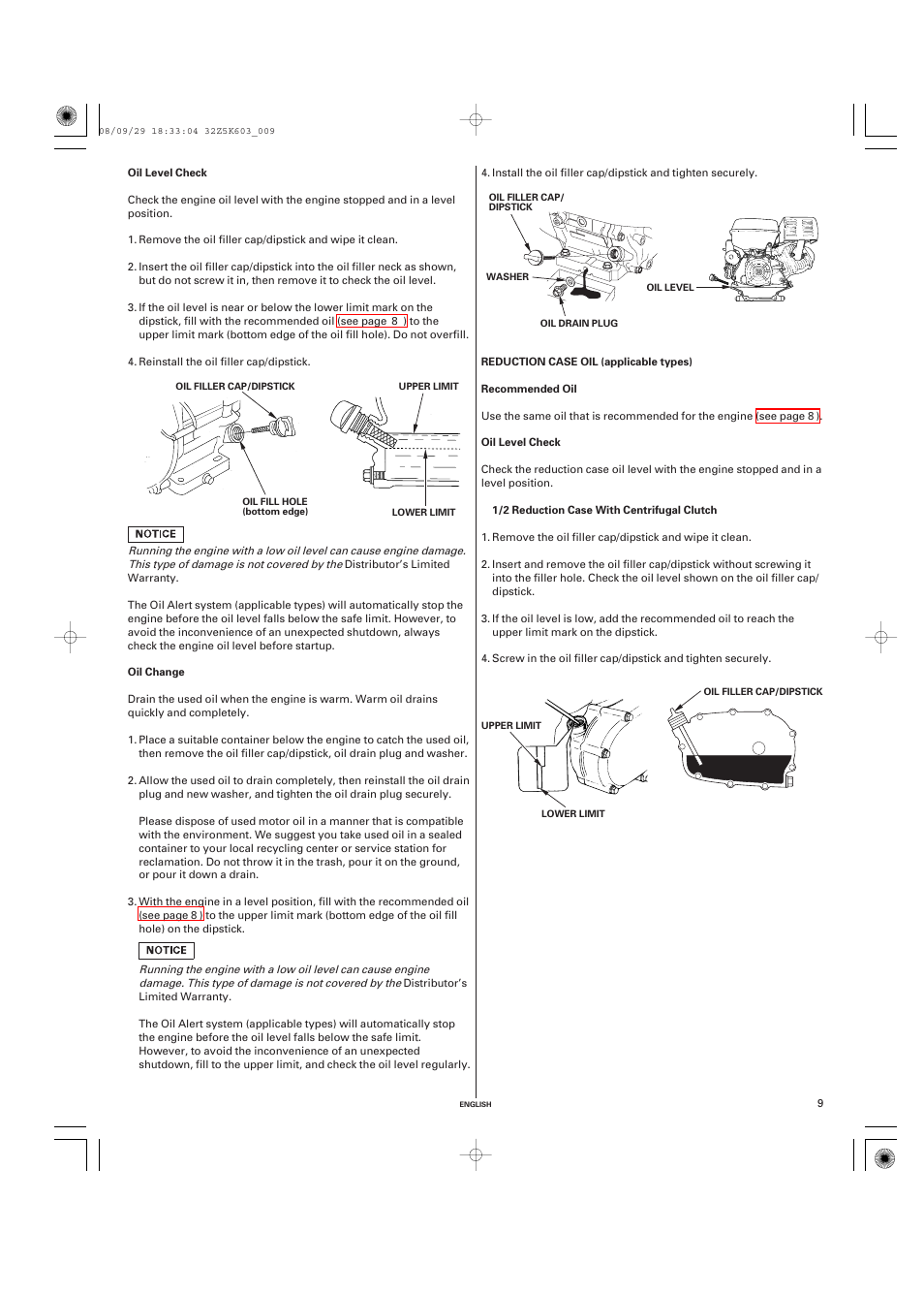 Oil level check, Oil change, Reduction case oil (applicable types) | Recommended oil | HONDA GX340 User Manual | Page 9 / 60
