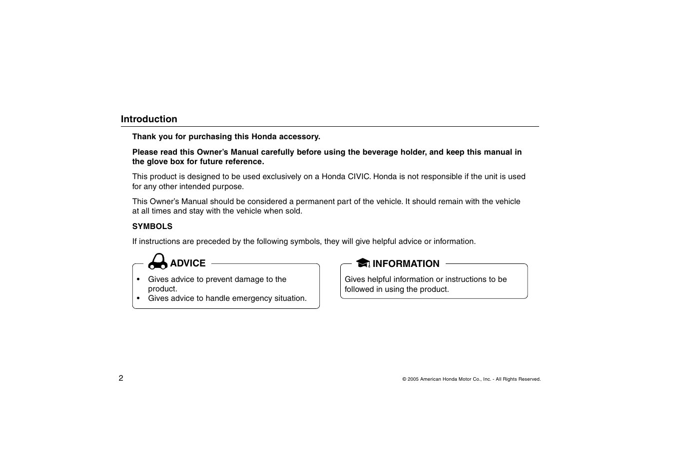 HONDA 2005 Civic Beverage Holder User Manual | Page 2 / 4