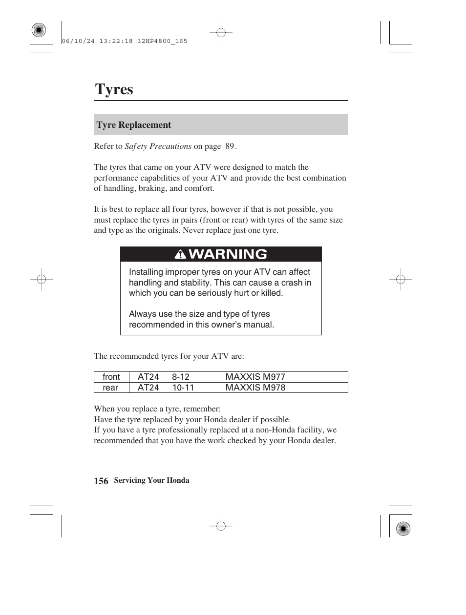 Tyres | HONDA TRX420TE/FE User Manual | Page 164 / 236