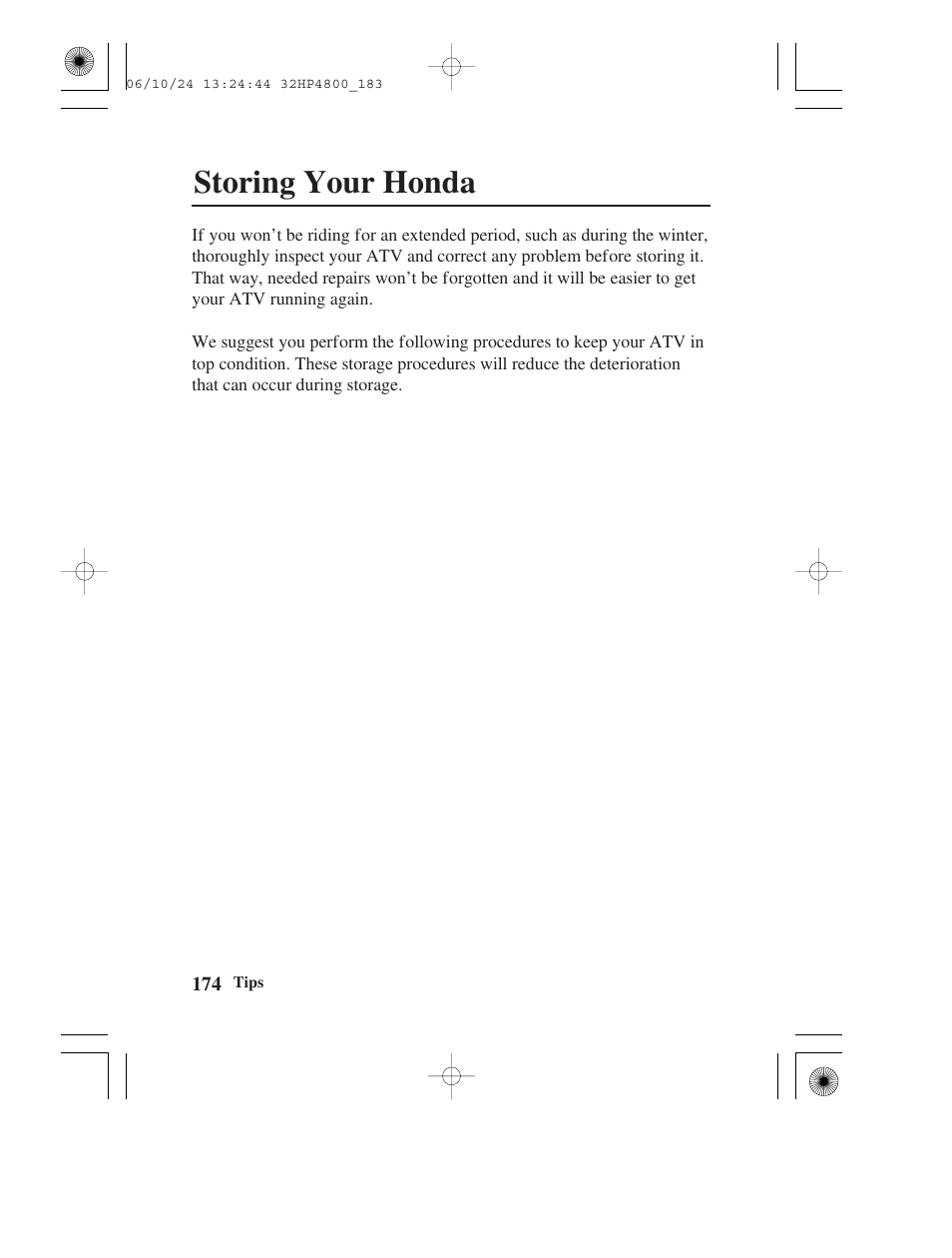 Storing your honda | HONDA TRX420TE/FE User Manual | Page 182 / 236