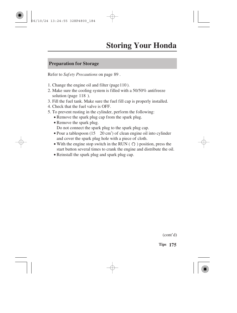 Storing your honda | HONDA TRX420TE/FE User Manual | Page 183 / 236