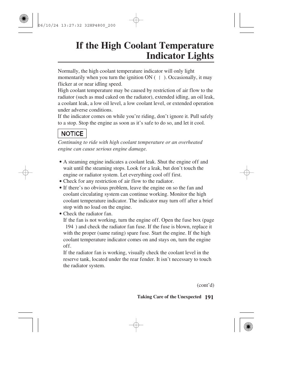 If the high coolant temperature indicator lights | HONDA TRX420TE/FE User Manual | Page 199 / 236