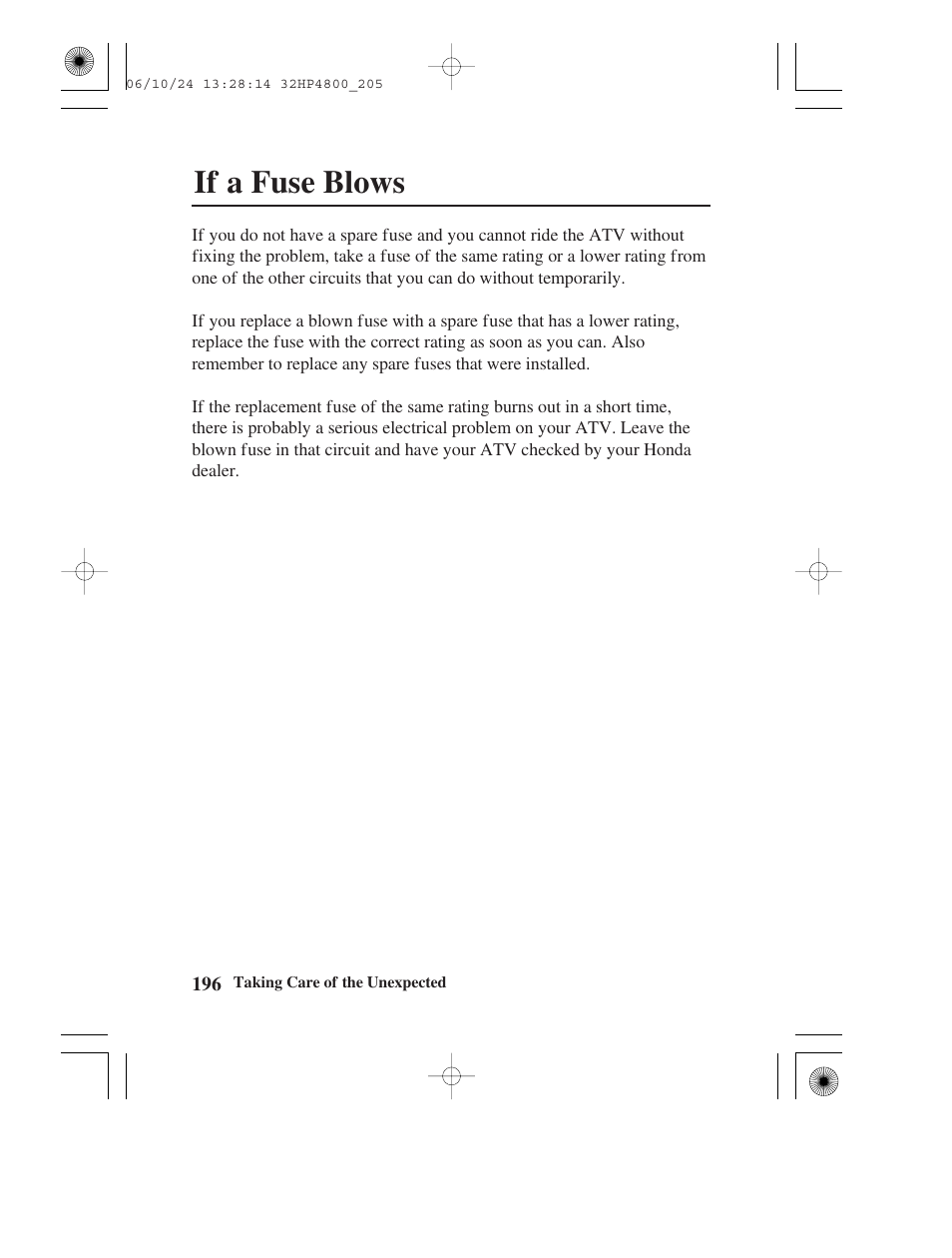If a fuse blows | HONDA TRX420TE/FE User Manual | Page 204 / 236