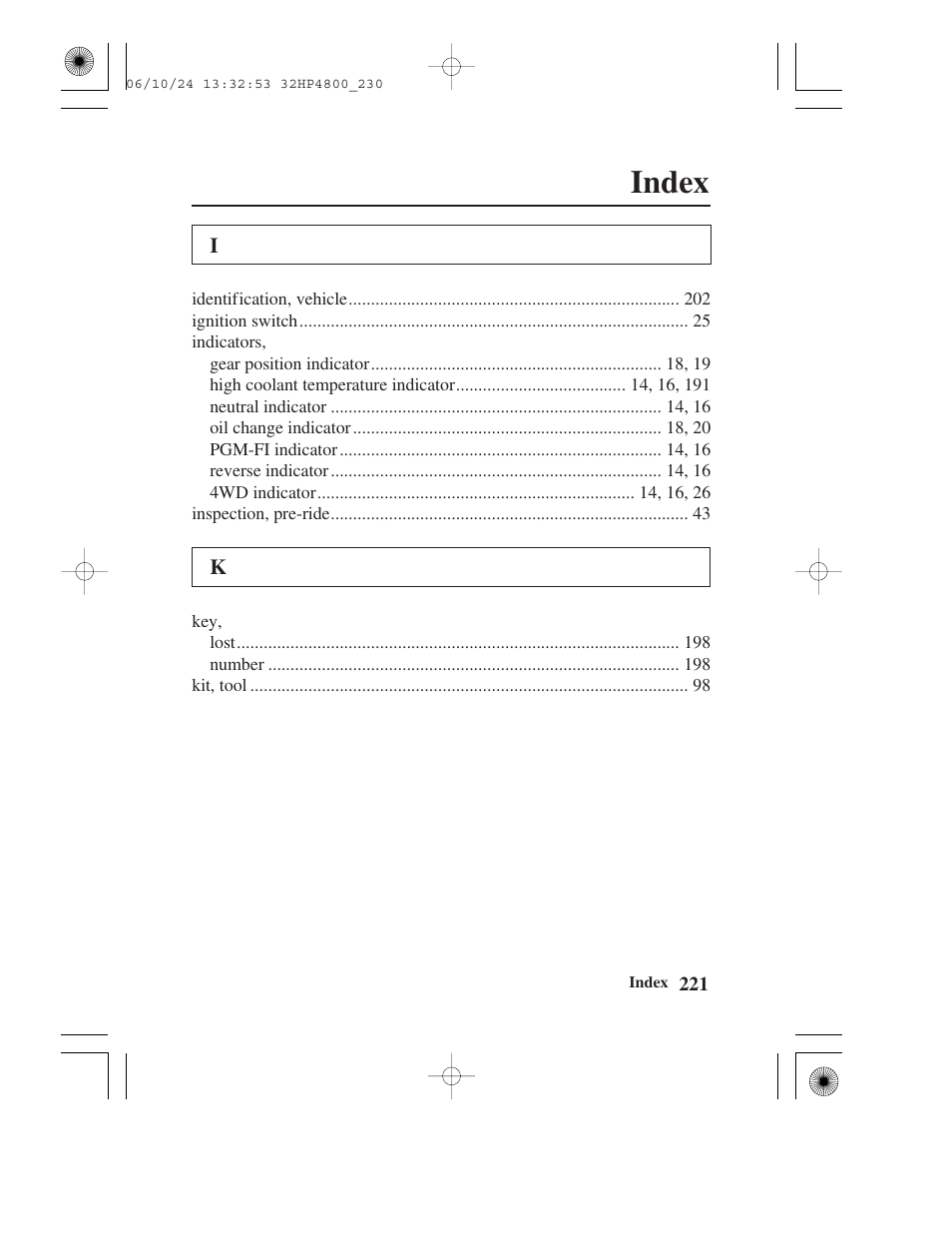 Index | HONDA TRX420TE/FE User Manual | Page 229 / 236