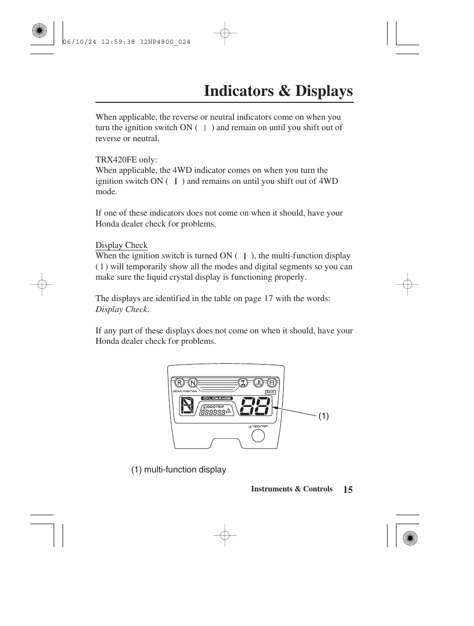 Indicators & displays | HONDA TRX420TE/FE User Manual | Page 23 / 236