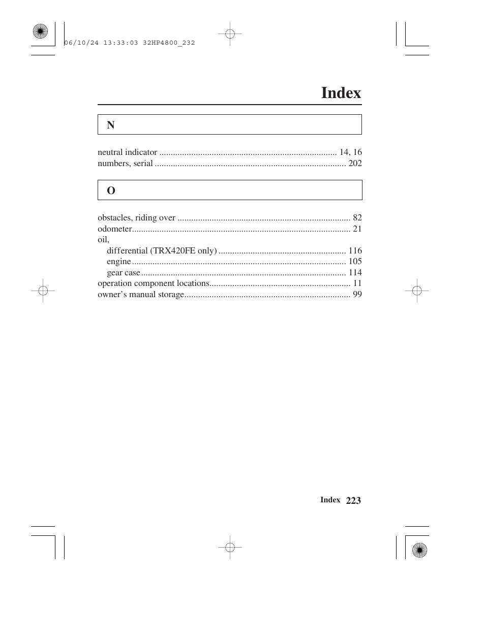 Index | HONDA TRX420TE/FE User Manual | Page 231 / 236