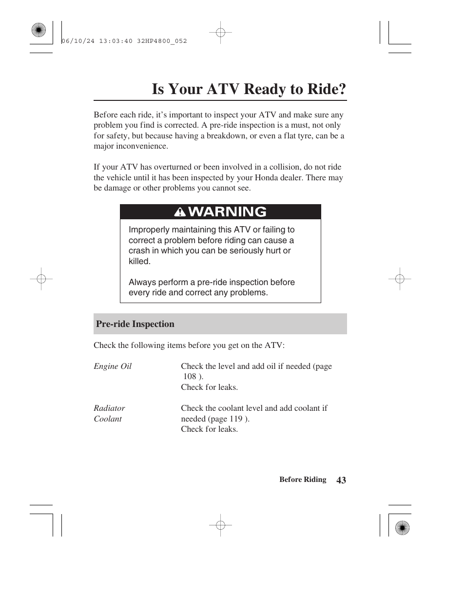 Is your atv ready to ride | HONDA TRX420TE/FE User Manual | Page 51 / 236