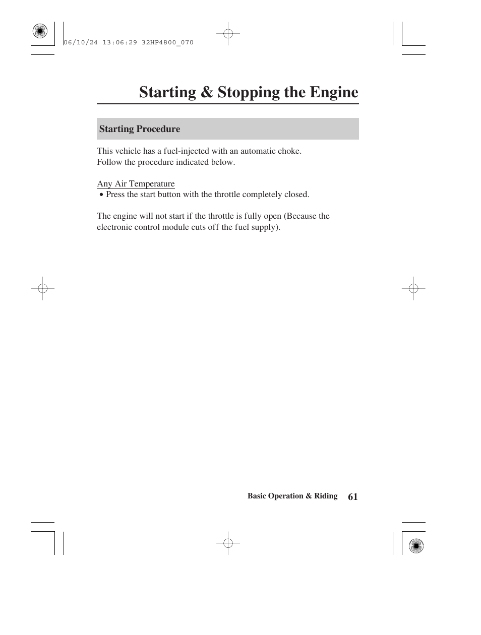 Starting & stopping the engine | HONDA TRX420TE/FE User Manual | Page 69 / 236