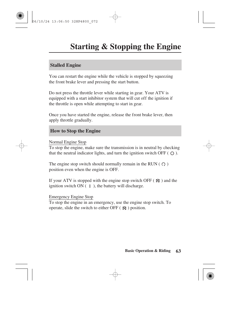 Starting & stopping the engine | HONDA TRX420TE/FE User Manual | Page 71 / 236