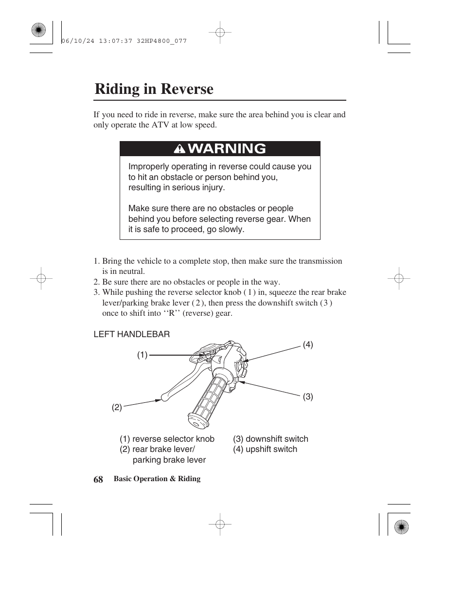 Riding in reverse | HONDA TRX420TE/FE User Manual | Page 76 / 236