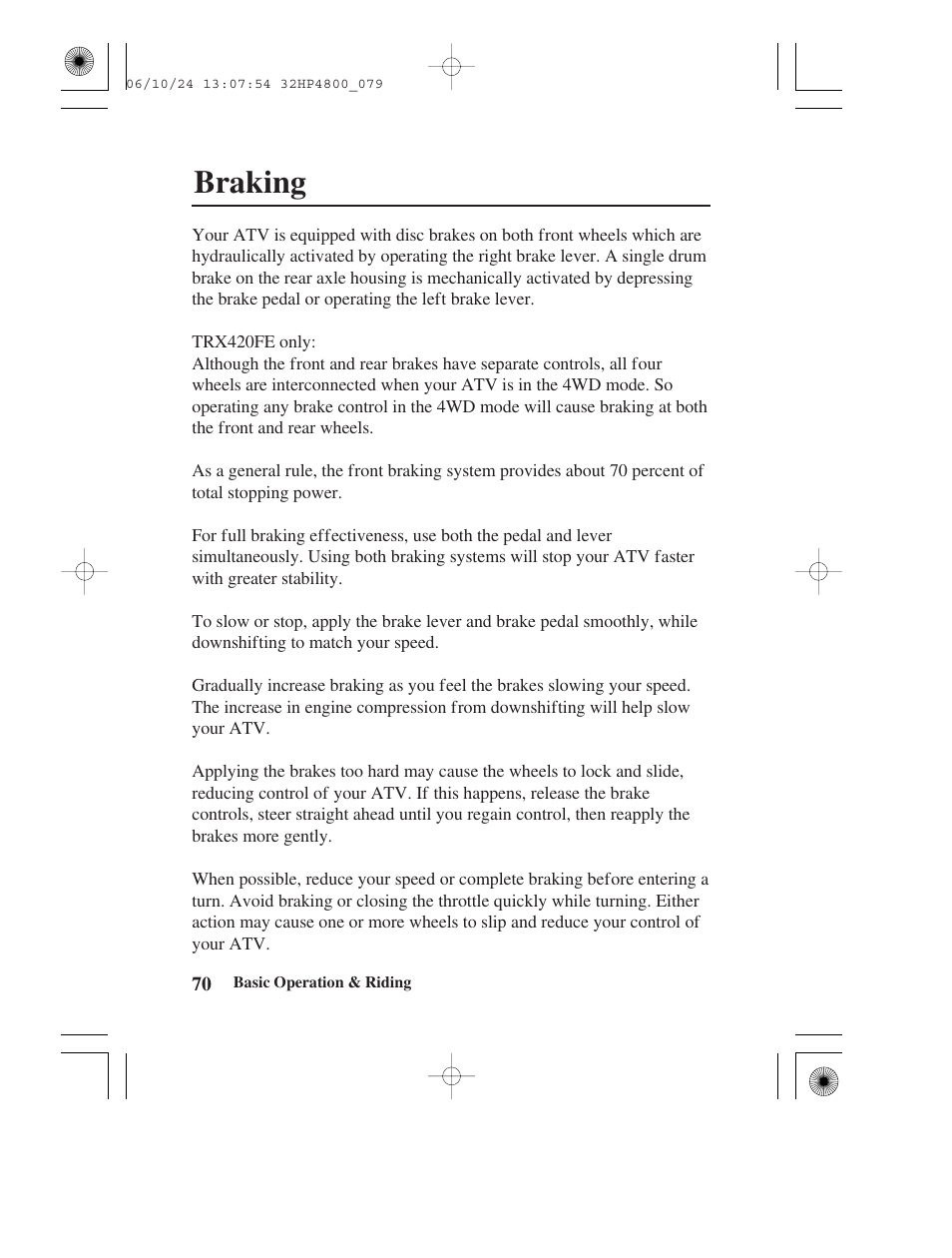 Braking | HONDA TRX420TE/FE User Manual | Page 78 / 236