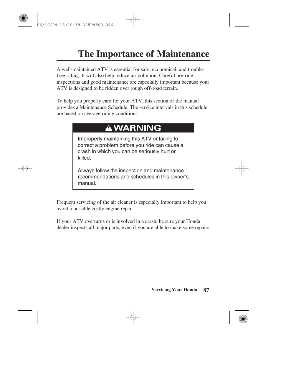 The importance of maintenance | HONDA TRX420TE/FE User Manual | Page 95 / 236