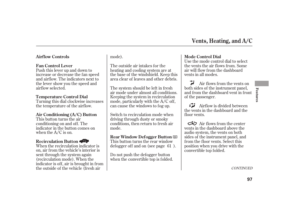 Vents, heating, and a/c | HONDA 2008 S2000 User Manual | Page 103 / 270