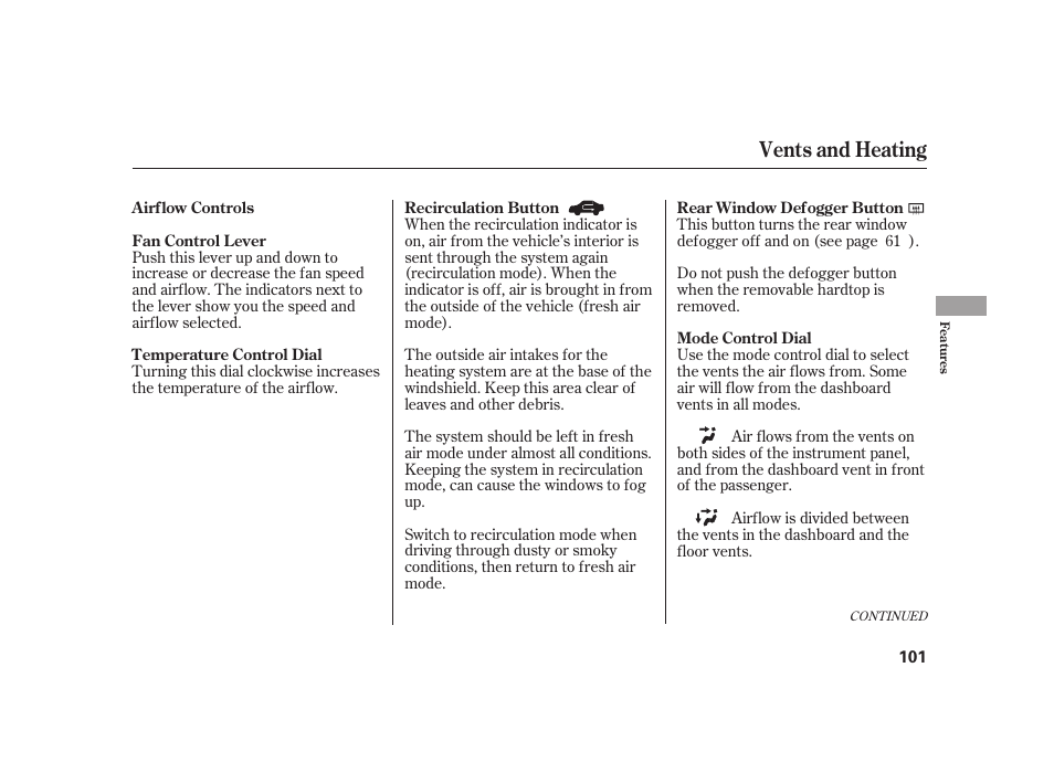 Vents and heating | HONDA 2008 S2000 User Manual | Page 107 / 270