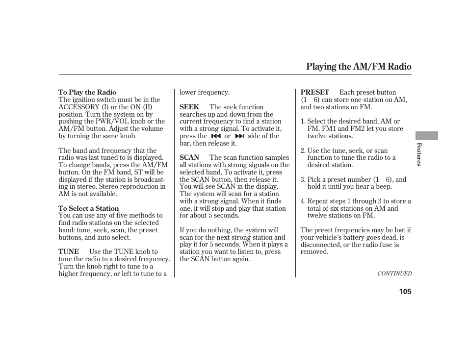 Playing the am/fm radio | HONDA 2008 S2000 User Manual | Page 111 / 270