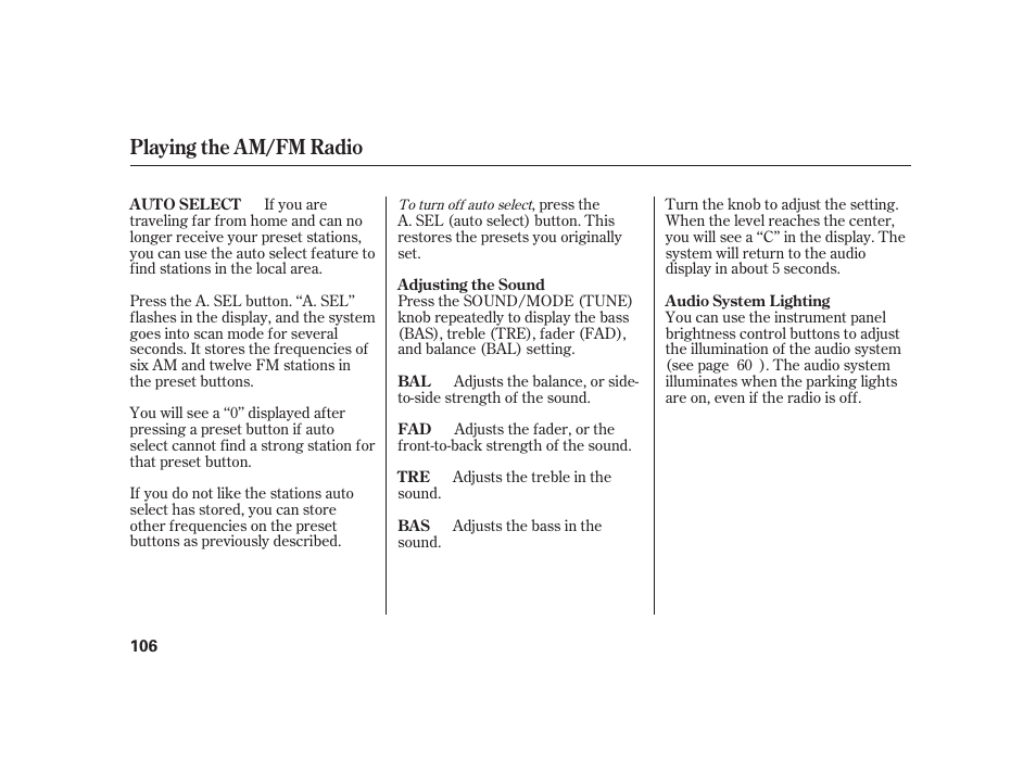 Playing the am/fm radio | HONDA 2008 S2000 User Manual | Page 112 / 270