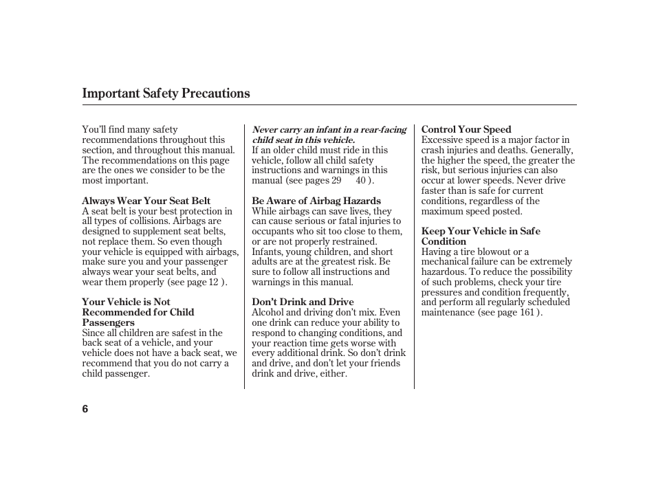 Important safety precautions | HONDA 2008 S2000 User Manual | Page 12 / 270