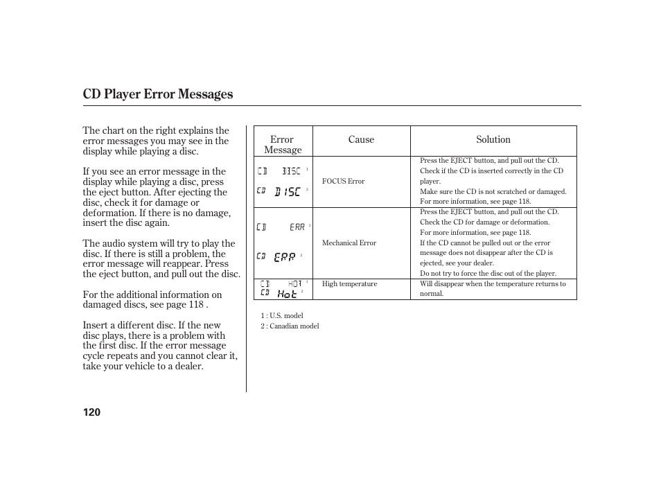 Cd player error messages | HONDA 2008 S2000 User Manual | Page 126 / 270