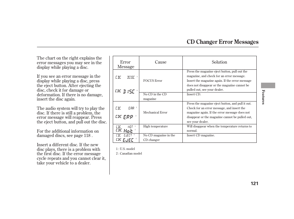 Cd changer error messages | HONDA 2008 S2000 User Manual | Page 127 / 270