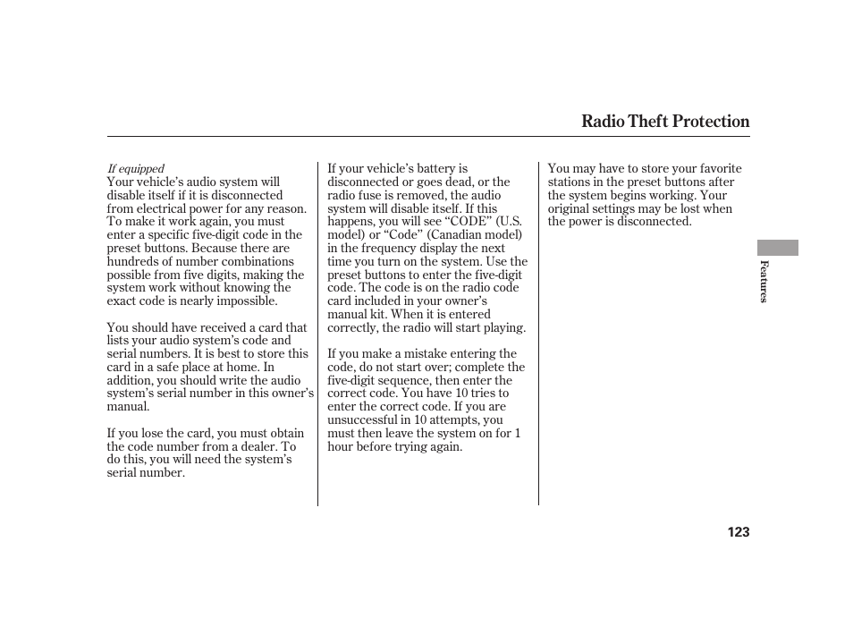 Radio theft protection | HONDA 2008 S2000 User Manual | Page 129 / 270